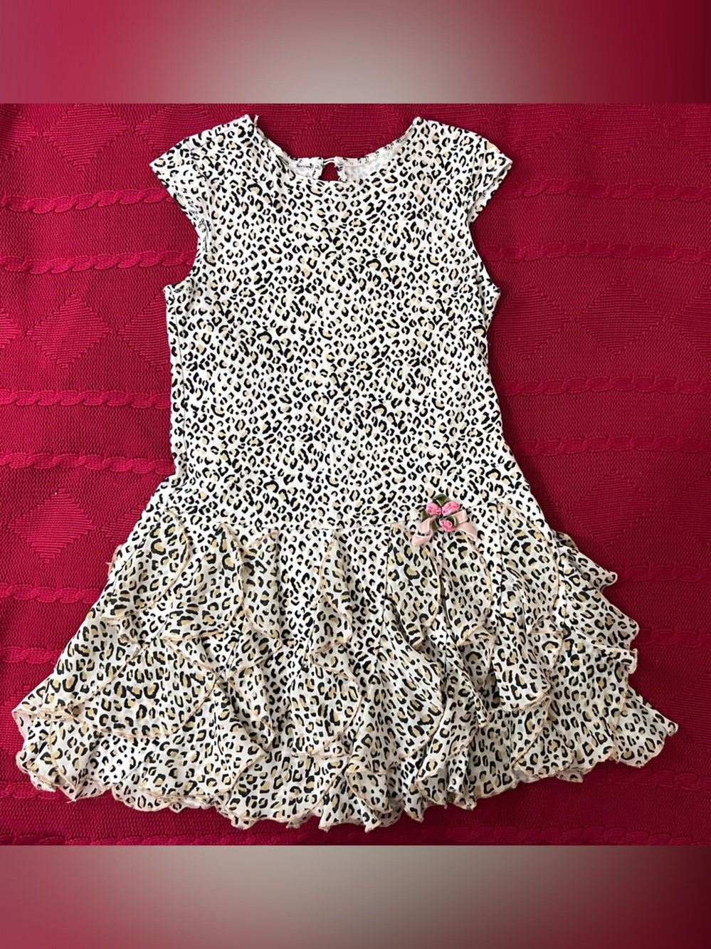 Girls Leopard Print Ruffle Dress in Cream and Black